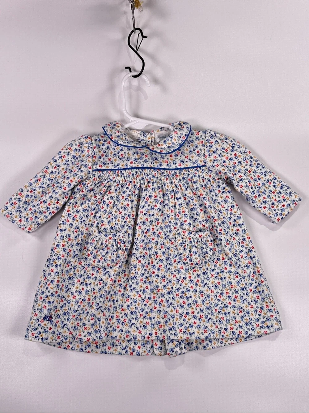 Ralph Lauren Baby Dress Smocked Peter Pan Collar Floral White Blue 6M
